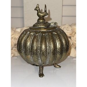 Antique Indian Cast Bronze Mughal Footed Ink Well w/ Peacock Lid‎ & Fluted Sides